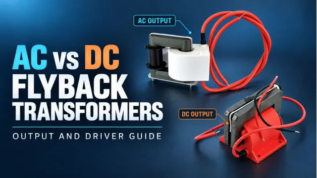 AC versus DC flyback transformers: editorial illustration based on HVE's white AC transformer and red DC transformer product photographs.