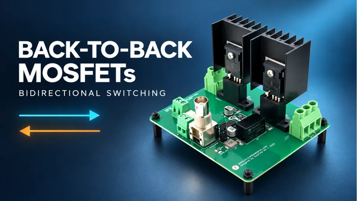 Back-to-back MOSFETs and bidirectional switching: editorial illustration based on a High Voltage Experimental bidirectional switch board photograph.