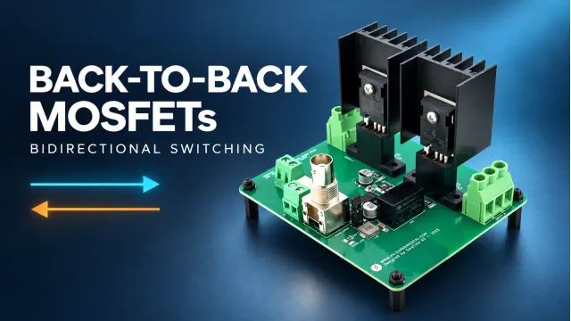Back-to-back MOSFETs and bidirectional switching: editorial illustration based on an HVE bidirectional switch board photograph.