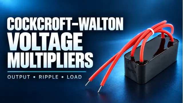 HVE potted voltage multiplier with red leads on a navy background, introducing output voltage, ripple and load.