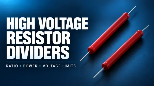 Red axial high-voltage resistors on a navy background, introducing divider ratio, power and voltage limits.