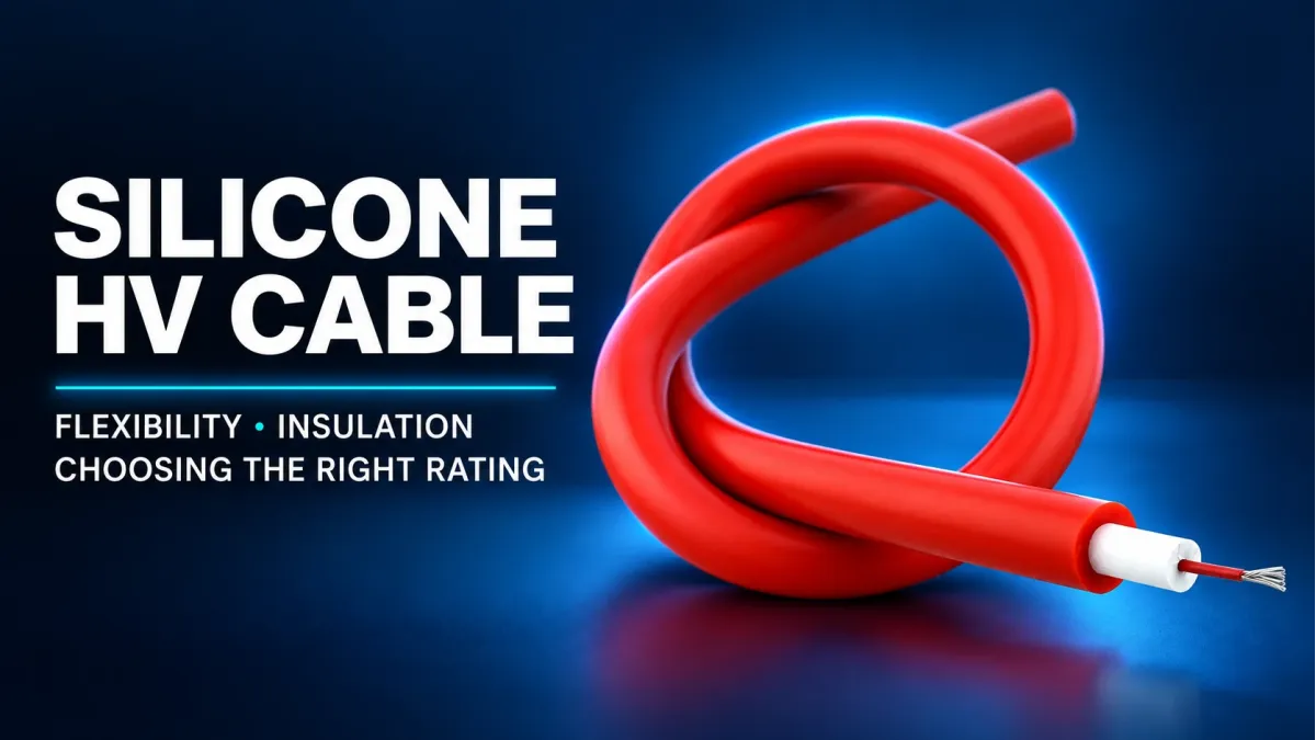 Red HVE silicone high-voltage cable with its layered insulation and stranded conductor visible