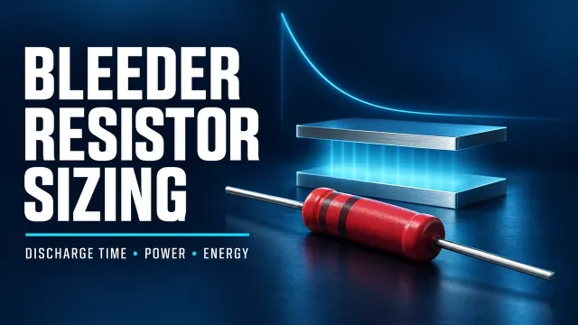 Illustrated bleeder resistor and capacitor plates beside a falling voltage curve, introducing discharge time, power and energy.