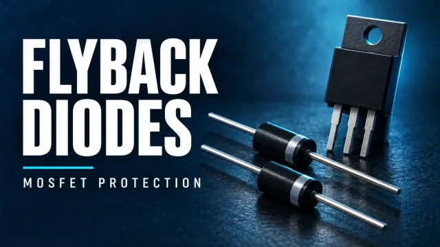 Illustration of axial rectifier diodes and a power transistor on a navy background with the title Flyback Diodes: MOSFET Protection.