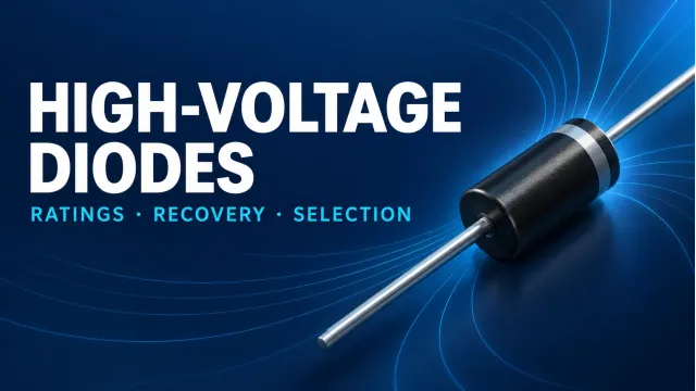 Illustration of an axial high-voltage diode on a navy background, introducing ratings, recovery and selection.