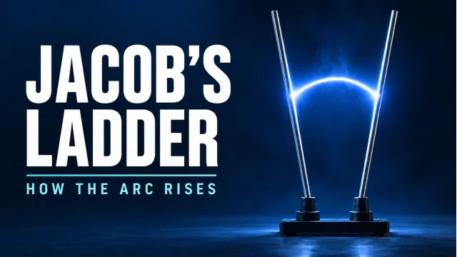 Editorial illustration of a glowing arc between two diverging metal rods on a navy background.