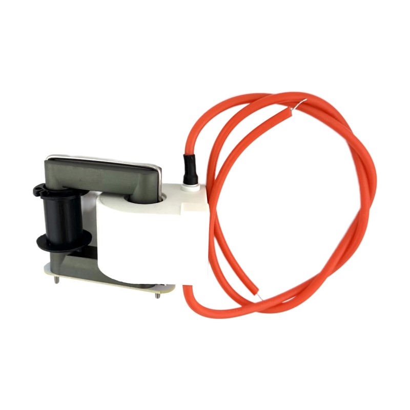 HVE 25 kV AC flyback transformer with white secondary housing, detachable ferrite core and red output leads.