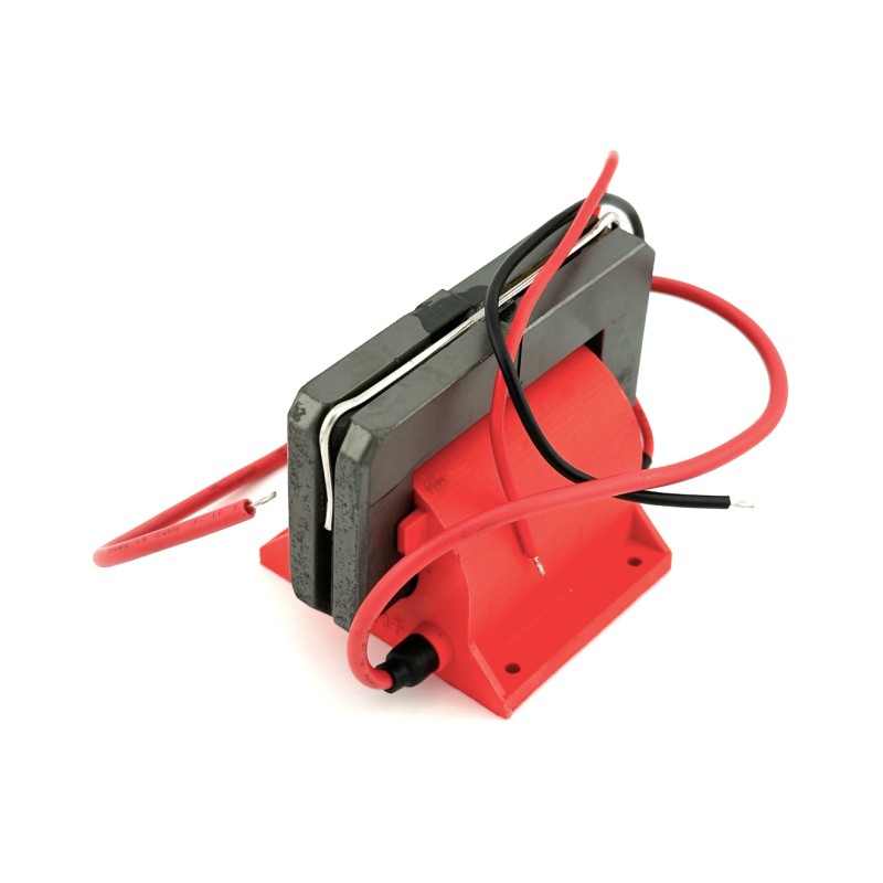 HVE 30 kV DC flyback transformer with red encapsulated housing, ferrite core and connection leads.