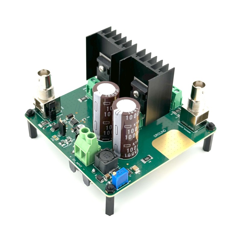 HVE 80 V half-bridge amplifier with heatsink, BNC control input and screw-terminal connections.