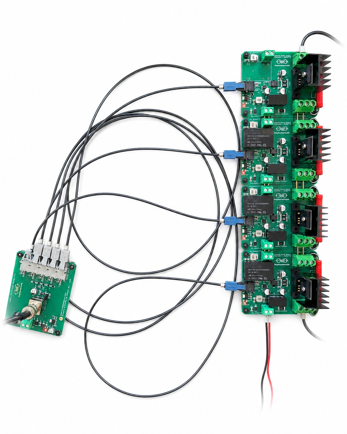 Four HVE stackable MOSFET switch boards connected to a Signal to Optical Bridge with one fibre-optic cable per stage.